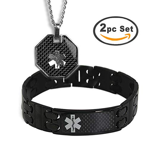 My Identity Doctor Men's Custom Engraved Black Medical Alert Bracelet and ID Necklace - Stainless Steel, 8.5in / 21.6cm