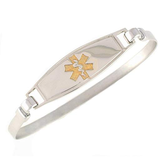 Women's Medical Alert ID Bracelet - Bangle, Custom Engraving Included, Stainless Steel - Gold, Size S/M