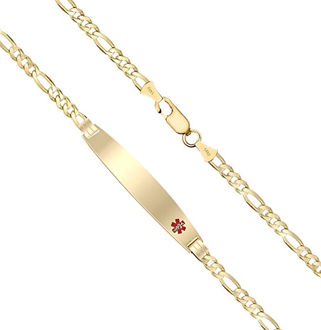 Customizable Ladies 14k Yellow Gold 3.5mm Figaro Medical Alert ID Bracelet with Free Engraving, 5.5in to 8in