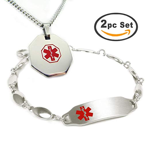 My Identity Doctor Custom Engraved Medical ID Bracelet and Alert Necklace for Women Stainless Steel - 6in / 15.25cm
