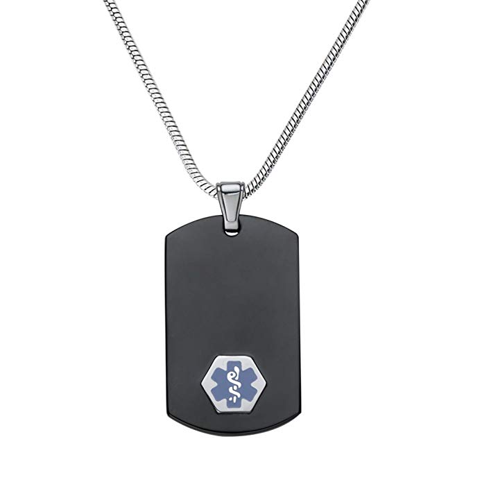 Divoti Custom Engraved Chic Black & Silver 316L Medical Alert Necklace-Dog Tag-24 Stainless Snake Chain