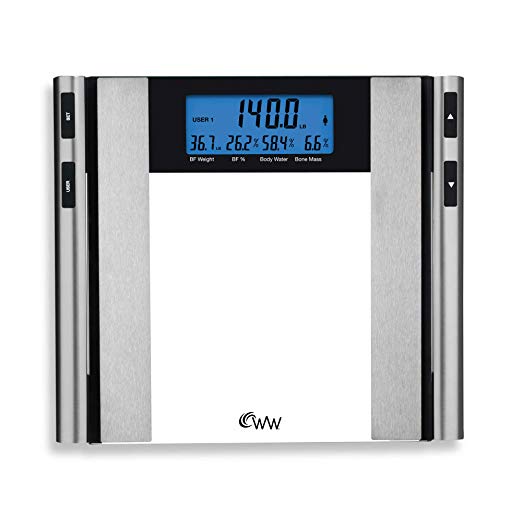 2 x 5 Two-Line Display Glass & Satin Nickel Body Analysis Comprehensive Bathroom Scale with BIA technology by Weight Watchers