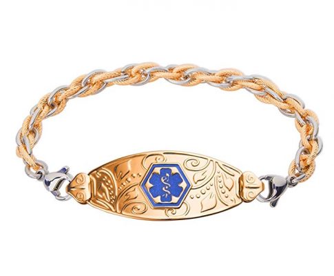 Divoti Custom Engraved PVD Gold Lovely Filigree Medical Alert Bracelet -Inter-Mesh Gold/Silver-TP Blue Review