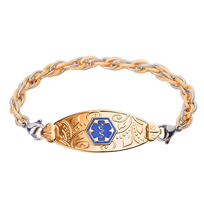 Divoti Custom Engraved PVD Gold Lovely Filigree Medical Alert Bracelet -Inter-Mesh Gold/Silver-TP Blue